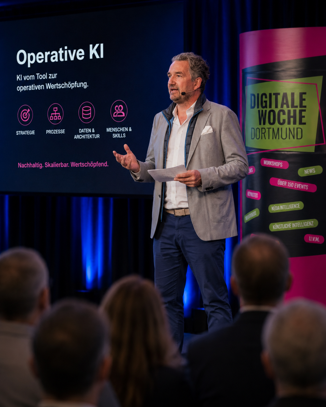 York Bothe auf der Bühne der Digitalen Woche Dortmund, Operative-KI-Folie sichtbar im Hintergrund.